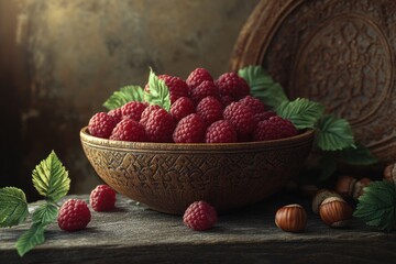 Poster - A rustic bowl filled with fresh raspberries and surrounded by leaves and nuts.