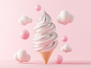 Poster - A whimsical ice cream cone with swirls, surrounded by clouds and pink spheres against a pastel backdrop.