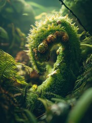 Aufkleber - A close-up of a vibrant fern frond unfurling in a lush, green environment.