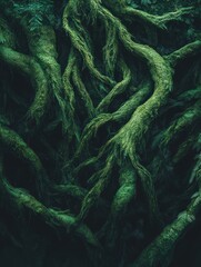Poster - A close-up of twisted, moss-covered tree roots in a dense forest.