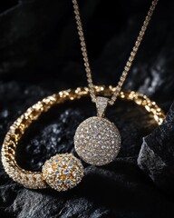 Poster - A close-up of elegant gold jewelry featuring a necklace and bracelet adorned with sparkling stones.