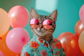 Poster - A stylish cat wearing sunglasses and a floral shirt, surrounded by colorful balloons.