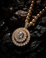 Poster - A gold pendant necklace adorned with sparkling stones, resting on a dark textured surface.