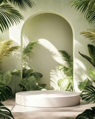 Aufkleber - A serene indoor space with a circular platform surrounded by lush green plants.