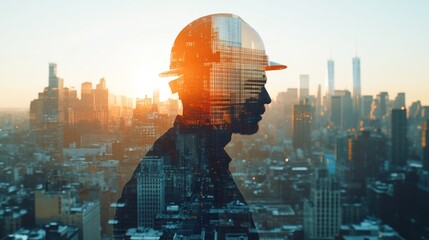 Poster - A silhouette of a worker with a hard hat against a city skyline at sunset.