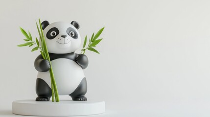 Poster - A cheerful panda figurine holding bamboo, designed for decoration or children's rooms.