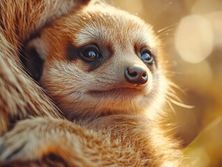 Aufkleber - A close-up of a cute meerkat baby, showcasing its expressive eyes and soft fur.