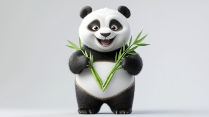 Poster - A cheerful cartoon panda holding bamboo shoots, exuding a friendly and playful vibe.
