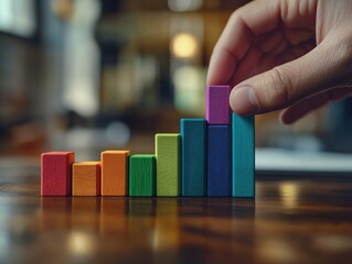 Poster - A hand adjusts colorful wooden blocks arranged in a bar graph, symbolizing growth or data.
