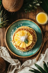 Poster - A vibrant plate of pancakes topped with pineapple, coconut, and a glass of juice.