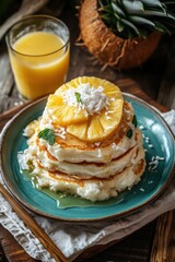 Poster - A stack of pancakes topped with pineapple, coconut, and syrup, served with juice.