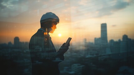 Poster - Silhouette of a person using a phone against a sunset skyline.