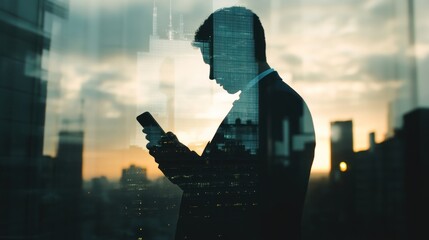 Fototapete - A silhouette of a man in a suit looking at his phone against a city skyline at sunset.