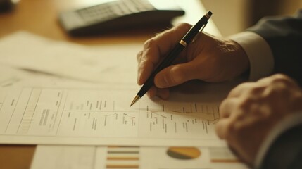Aufkleber - A hand writing on a document with financial charts and a calculator in the background.