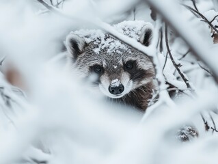 Poster - A close-up of a raccoon in a snowy environment, partially obscured by branches.