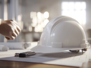 Poster - A white hard hat rests on architectural plans with a pen, symbolizing construction and planning.