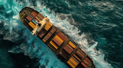 Poster - Aerial view of a cargo ship navigating through ocean waves.