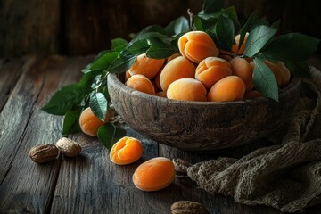 Poster - A rustic bowl filled with ripe apricots and green leaves on a wooden surface.