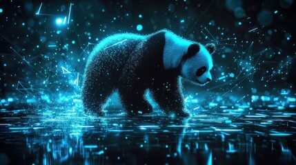 Aufkleber - A digital panda explores a glowing, abstract environment filled with blue light and particles.