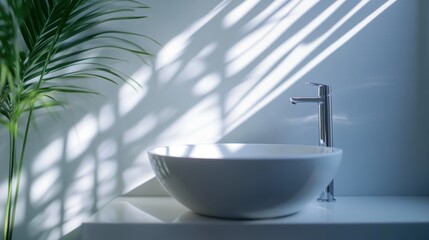 Poster - A modern bathroom sink with natural light and plant shadows creating a serene atmosphere.