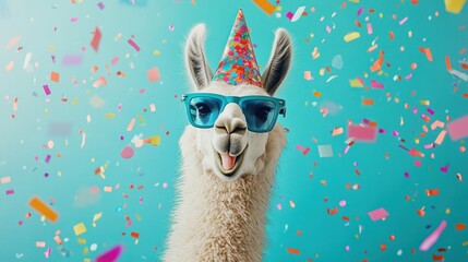Poster - A cheerful llama wearing sunglasses and a party hat amidst colorful confetti.