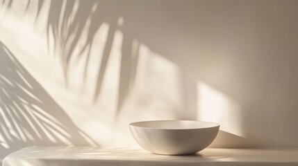 Aufkleber - A minimalist bowl casts soft shadows against a textured wall, creating a serene atmosphere.
