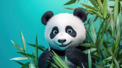 Poster - A cute panda peeks through bamboo, showcasing a playful and friendly demeanor.