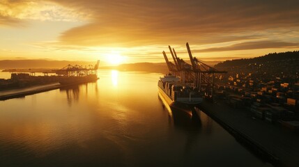 Poster - A serene sunset over a busy port with cranes and ships reflecting on the water.