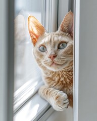 Poster - A curious cat peeks through a window, enjoying the sunlight.