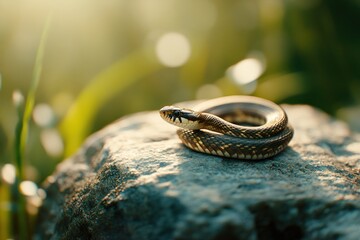 Aufkleber - A snake resting on a rock, illuminated by soft sunlight in a natural setting.