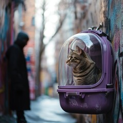 Poster - A cat sits in a transparent pet carrier on a graffiti-covered wall, while a figure stands nearby.