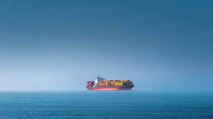 Poster - A large container ship floats in calm waters under a blue sky, conveying maritime transport.