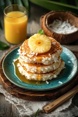Poster - A delicious stack of pancakes topped with pineapple, coconut, and syrup, served with juice.