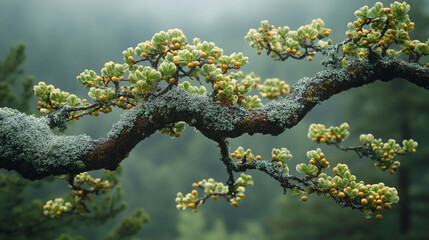 Wall Mural - Moss-covered tree branch in focus with blurred surroundings evoking natural chaos symbolizing resilience growth connection to nature amid disorder atmospheric and serene woodland aesthetic

