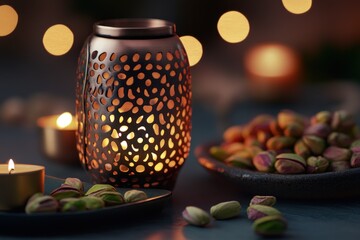 Poster - A cozy setting with a decorative lantern, candles, and a plate of pistachios.