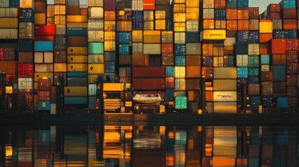 Poster - A vibrant display of shipping containers reflecting on water at a port.