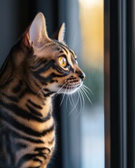 Poster - A Bengal cat gazes out the window, illuminated by soft sunlight.