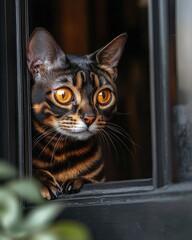 Poster - A Bengal cat with striking orange eyes peeks through a window, showcasing its unique markings.
