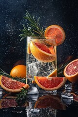 Poster - A refreshing drink with oranges and rosemary, set against a dark, sparkling background.