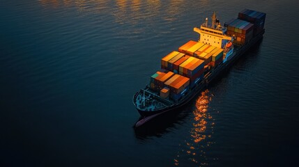 Poster - A cargo ship laden with colorful containers navigates calm waters at dusk.