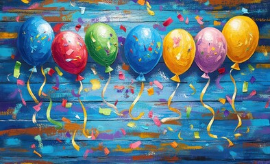 Poster - Colorful balloons with confetti against a vibrant blue background, celebrating a festive occasion.