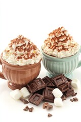 Poster - Two cups of hot chocolate topped with whipped cream and cocoa, surrounded by chocolate squares and marshmallows.