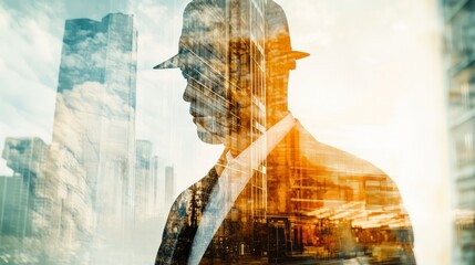 Poster - A silhouetted figure in a suit with a double exposure of city buildings and clouds.