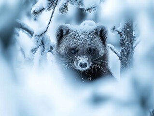Poster - A close-up of a wolverine in a snowy forest, showcasing its fur and natural habitat.