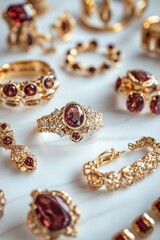 Poster - A collection of elegant gold jewelry featuring red gemstones, showcasing intricate designs.