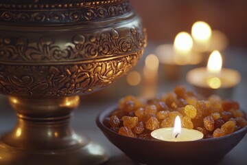 Poster - A decorative bowl with dried fruits and candles, creating a warm and inviting atmosphere.