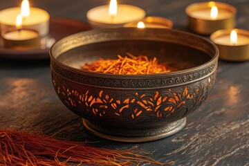 Poster - A decorative bowl filled with saffron strands, surrounded by lit candles.