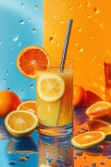 Poster - A refreshing orange and lemon drink in a glass, surrounded by fresh oranges and droplets.