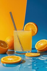 Poster - A refreshing orange drink with slices and bubbles on a vibrant blue and yellow background.