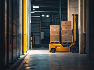 Poster - A forklift stacked with boxes in a warehouse aisle, emphasizing industrial storage.